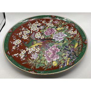 Asian Hand Painted Display Plate with Burgundy Accents 10.5" Diameter EUC